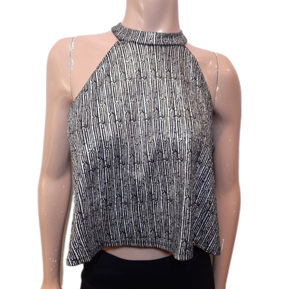 Stella Luce Metallic Halter Crop Top Stretchy Sleeveless Black Silver Size XL